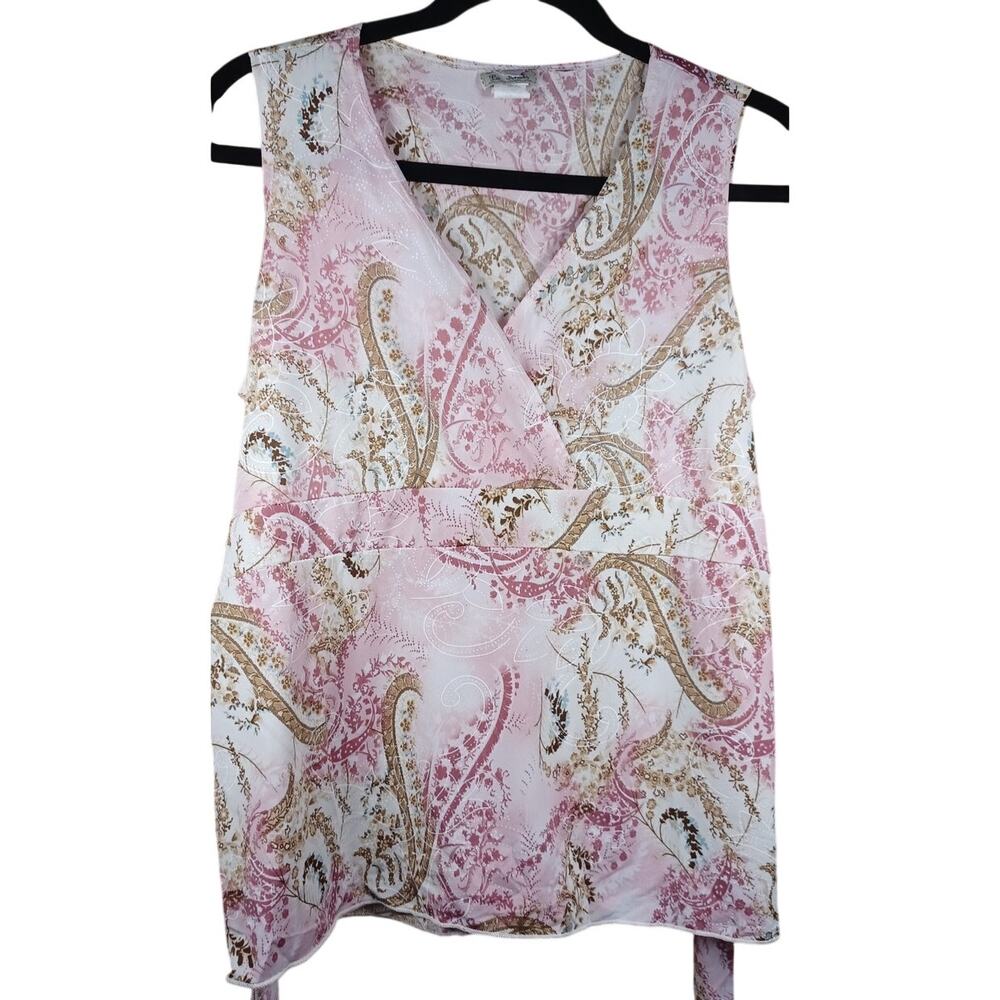 Vintage La Khaki Pink Paisley Floral Babydoll Top Y2K Polyester Knit Blouse 1X